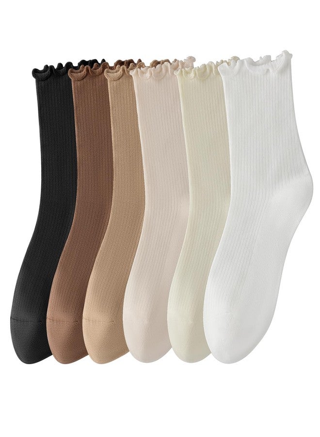 Rueesh 6 Pairs Breathable Women Warm Ruffle Ankle Socks Winter Cozy Knit Cotton Crew Socks Soft Thermal Frilly Calf Socks - Image 1